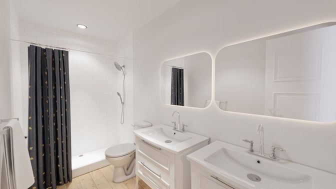 Bathroom, Dual Sink Vanities, Interior, Recessed Lighting, Wood Texture Flooring