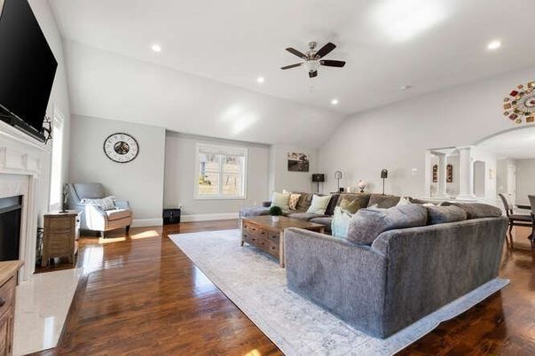 Fireplace, Interior, Living room, Recessed Lighting, Wood Texture Flooring