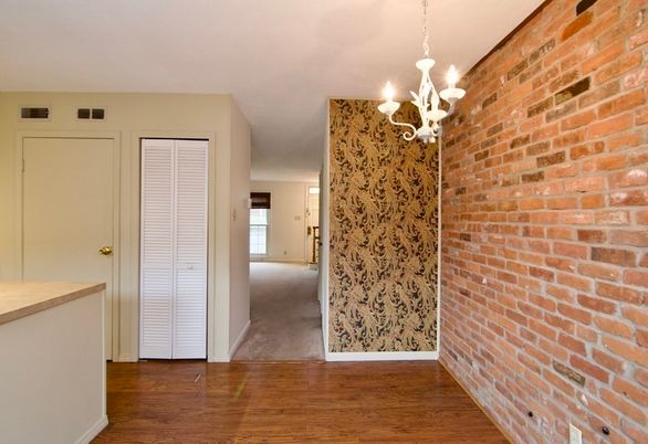 Chandelier, Empty room, Interior, Stone Walls, Wood Texture Flooring