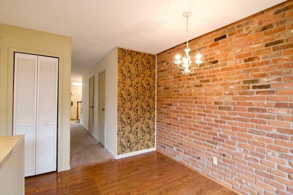 Chandelier, Empty room, Interior, Pendant Lights, Stone Walls, Wood Texture Flooring