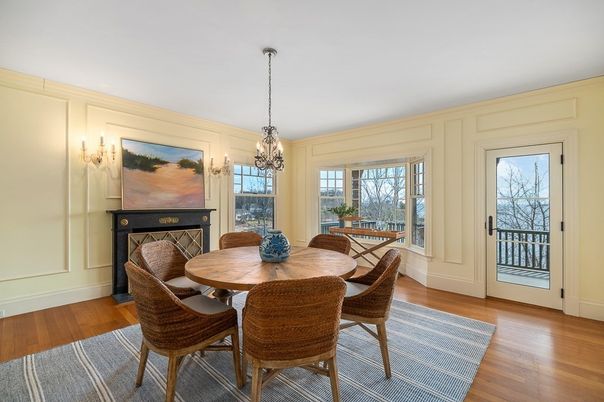 Chandelier, Dining room, Fireplace, Interior, Pendant Lights, Wood Texture Flooring