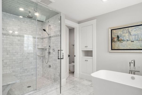 Bathroom, Free Standing Baths, Glass Shower, Interior, Marble, Recessed Lighting