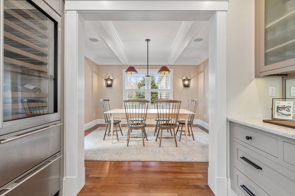 Dining room, Interior, Pendant Lights, Stainless Steel Appliances, Wood Texture Flooring