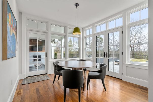 Dining room, Interior, Pendant Lights, Wood Texture Flooring