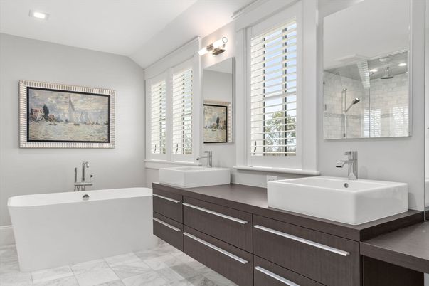Bathroom, Dual Sink Vanities, Free Standing Baths, Glass Shower, Interior, Marble, Recessed Lighting