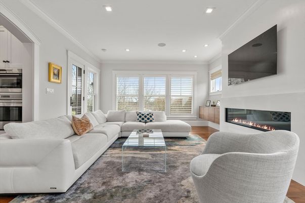 Fireplace, Interior, Living room, Recessed Lighting, Wood Texture Flooring