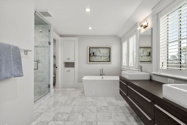 Bathroom, Dual Sink Vanities, Free Standing Baths, Glass Shower, Interior, Marble, Recessed Lighting