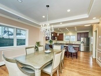 Chandelier, Dining room, Interior, Kitchen, Pendant Lights, Recessed Lighting, Stainless Steel Appliances, Wood Texture Flooring