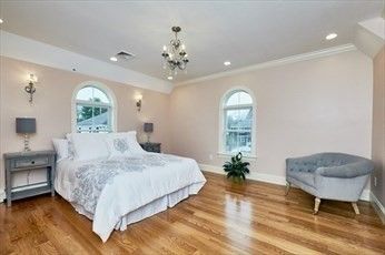 Bedroom, Chandelier, Interior, Recessed Lighting, Wood Texture Flooring