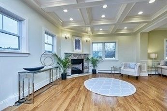 Fireplace, Interior, Living room, Recessed Lighting, Wood Texture Flooring