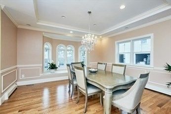 Chandelier, Dining room, Interior, Recessed Lighting, Wood Texture Flooring