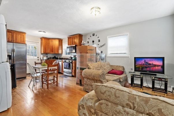 Dining room, Interior, Kitchen, Living room, Stainless Steel Appliances, Wood Texture Flooring