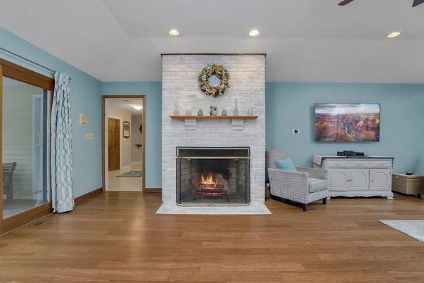 Fireplace, Interior, Recessed Lighting, Wood Texture Flooring