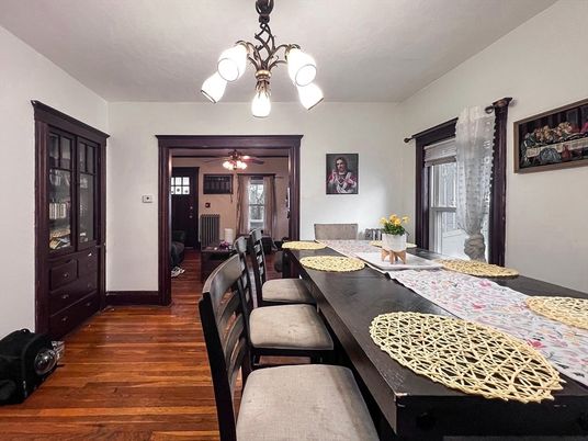 Chandelier, Dining room, Interior, Wood Texture Flooring