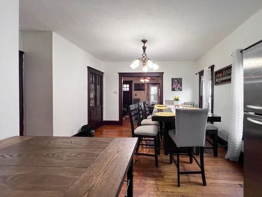 Chandelier, Dining room, Interior, Wood Texture Flooring