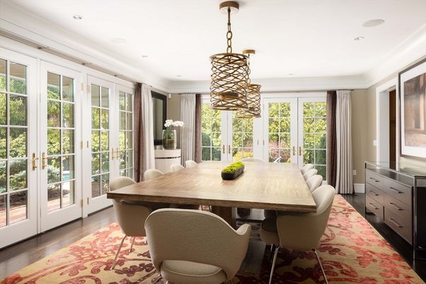 Dining room, Interior, Pendant Lights, Recessed Lighting, Wood Texture Flooring