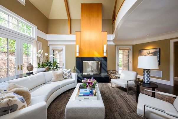 Fireplace, Interior, Living room, Recessed Lighting, Wood Texture Flooring