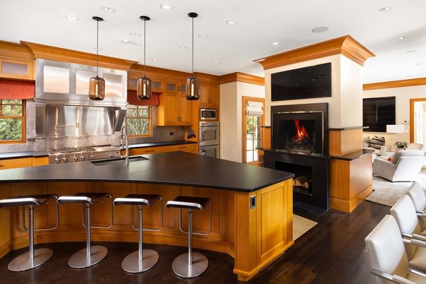 Fireplace, Interior, Kitchen, Pendant Lights, Recessed Lighting, Stainless Steel Appliances, Wood Texture Flooring