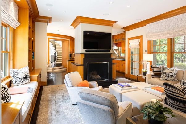 Fireplace, Interior, Living room, Recessed Lighting, Wood Texture Flooring