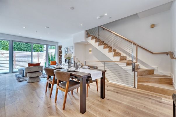 Dining room, Interior, Living room, Recessed Lighting, Wood Texture Flooring