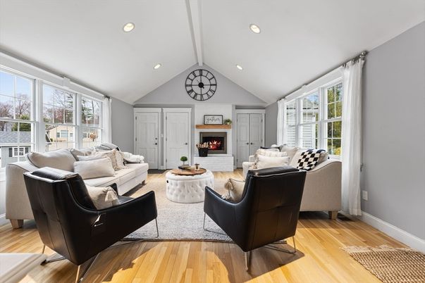 Fireplace, Interior, Living room, Recessed Lighting, Wood Texture Flooring