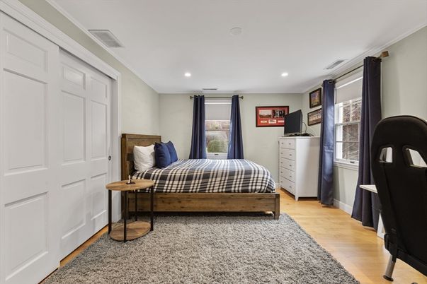 Bedroom, Interior, Recessed Lighting, Wood Texture Flooring