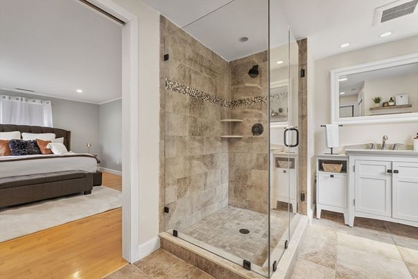 Bathroom, Bedroom, Glass Shower, Interior, Recessed Lighting, Wood Texture Flooring