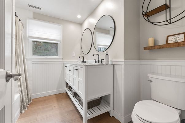 Bathroom, Dual Sink Vanities, Interior, Recessed Lighting, Wood Texture Flooring