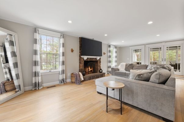 Fireplace, Interior, Living room, Recessed Lighting, Wood Texture Flooring