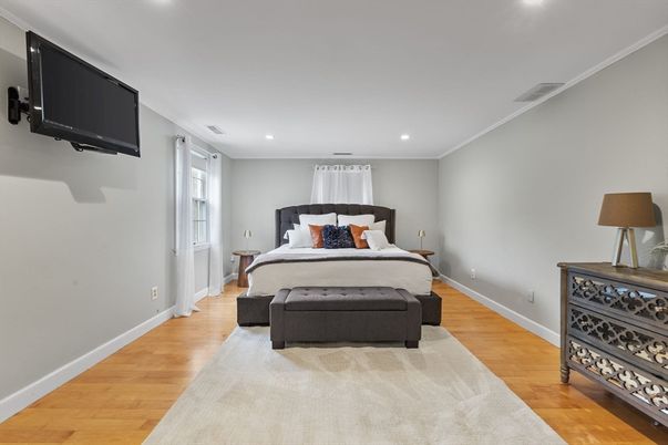 Bedroom, Interior, Recessed Lighting, Wood Texture Flooring