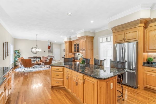 Chandelier, Dining room, Interior, Kitchen, Recessed Lighting, Stainless Steel Appliances, Wood Texture Flooring