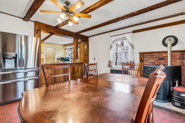 Dining room, Interior, Kitchen, Stainless Steel Appliances, Stone Walls, Wooden Beams