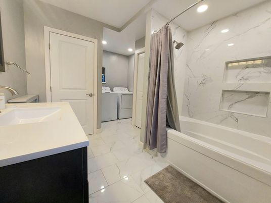 Bathroom, Interior, Marble, Marble Walls, Recessed Lighting, Washer