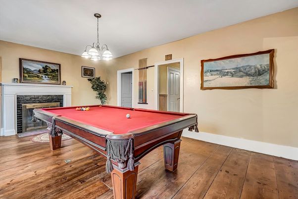Billiard Table, Fireplace, Game Room, Interior, Pendant Lights, Wood Texture Flooring