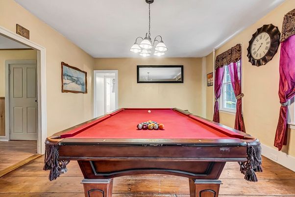 Billiard Table, Chandelier, Game Room, Interior, Pendant Lights, Wood Texture Flooring