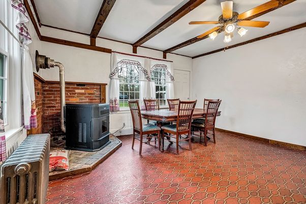 Dining room, Fireplace, Interior, Wooden Beams