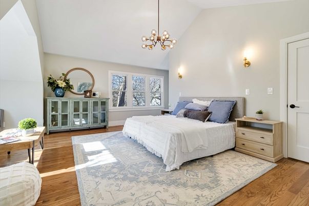 Bedroom, Interior, Pendant Lights, Wood Texture Flooring