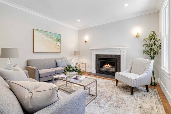 Fireplace, Interior, Living room, Recessed Lighting, Wood Texture Flooring