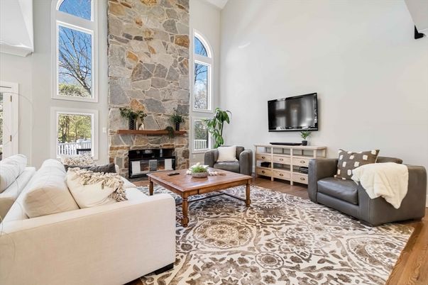 Fireplace, Interior, Living room, Stone Walls, Wood Texture Flooring
