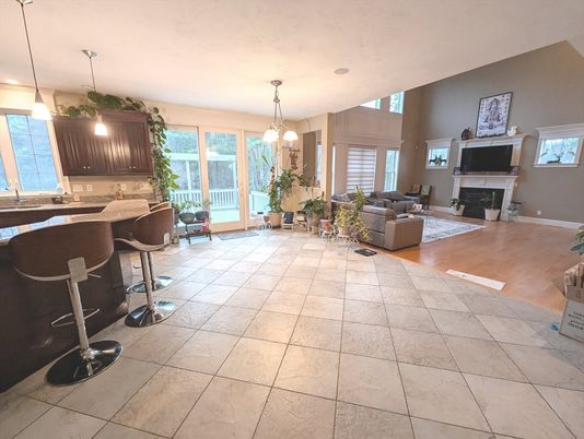 Fireplace, Interior, Kitchen, Living room, Pendant Lights