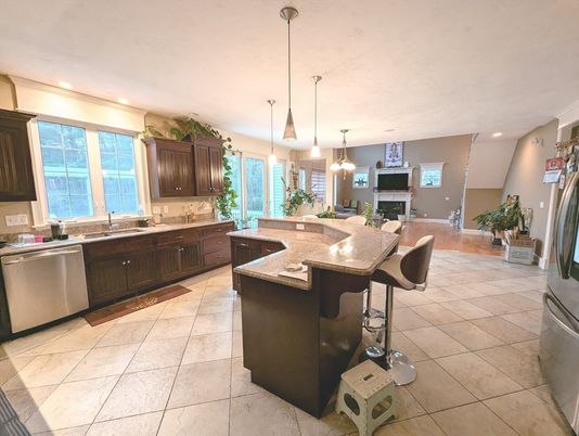 Dining room, Fireplace, Interior, Kitchen, Pendant Lights, Recessed Lighting, Stainless Steel Appliances
