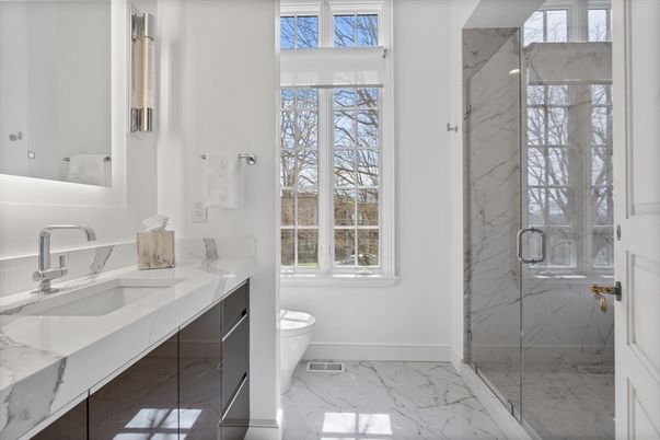 Bathroom, Dual Sink Vanities, Glass Shower, Interior, Marble, Marble Walls