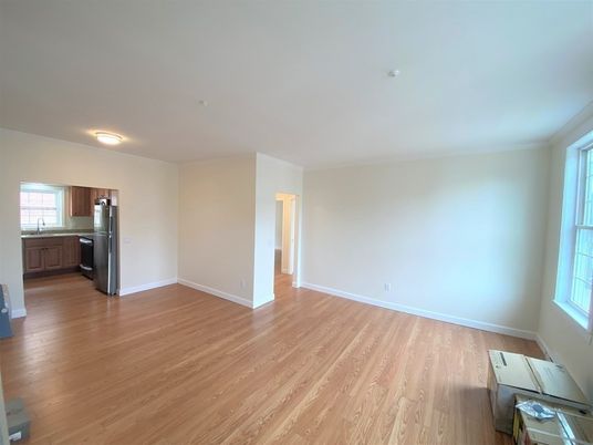 Empty room, Interior, Kitchen, Stainless Steel Appliances, Wood Texture Flooring