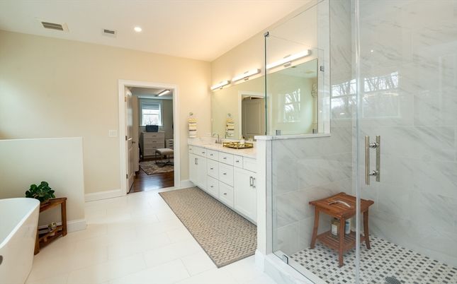 Bathroom, Dual Sink Vanities, Glass Shower, Interior, Marble Walls, Recessed Lighting