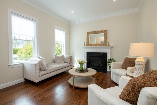 Fireplace, Interior, Living room, Recessed Lighting, Wood Texture Flooring