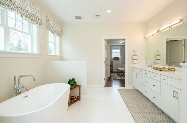 Bathroom, Dual Sink Vanities, Free Standing Baths, Interior, Recessed Lighting, Wood Texture Flooring