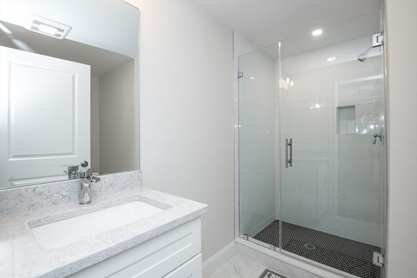 Bathroom, Glass Shower, Interior, Marble, Recessed Lighting