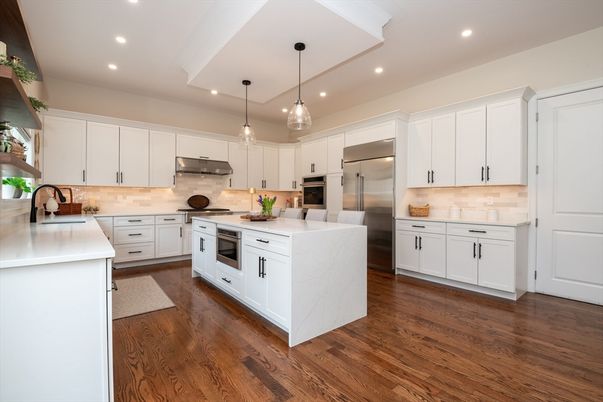 Interior, Kitchen, Pendant Lights, Recessed Lighting, Stainless Steel Appliances, Wood Texture Flooring