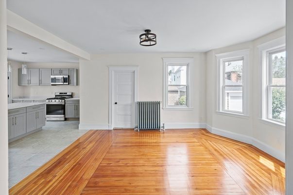 Interior, Kitchen, Pendant Lights, Stainless Steel Appliances, Wood Texture Flooring