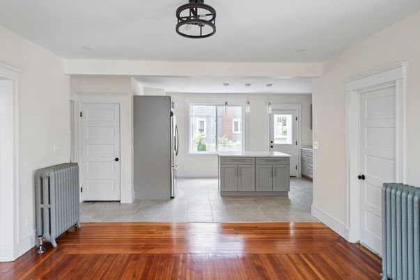 Interior, Kitchen, Pendant Lights, Wood Texture Flooring